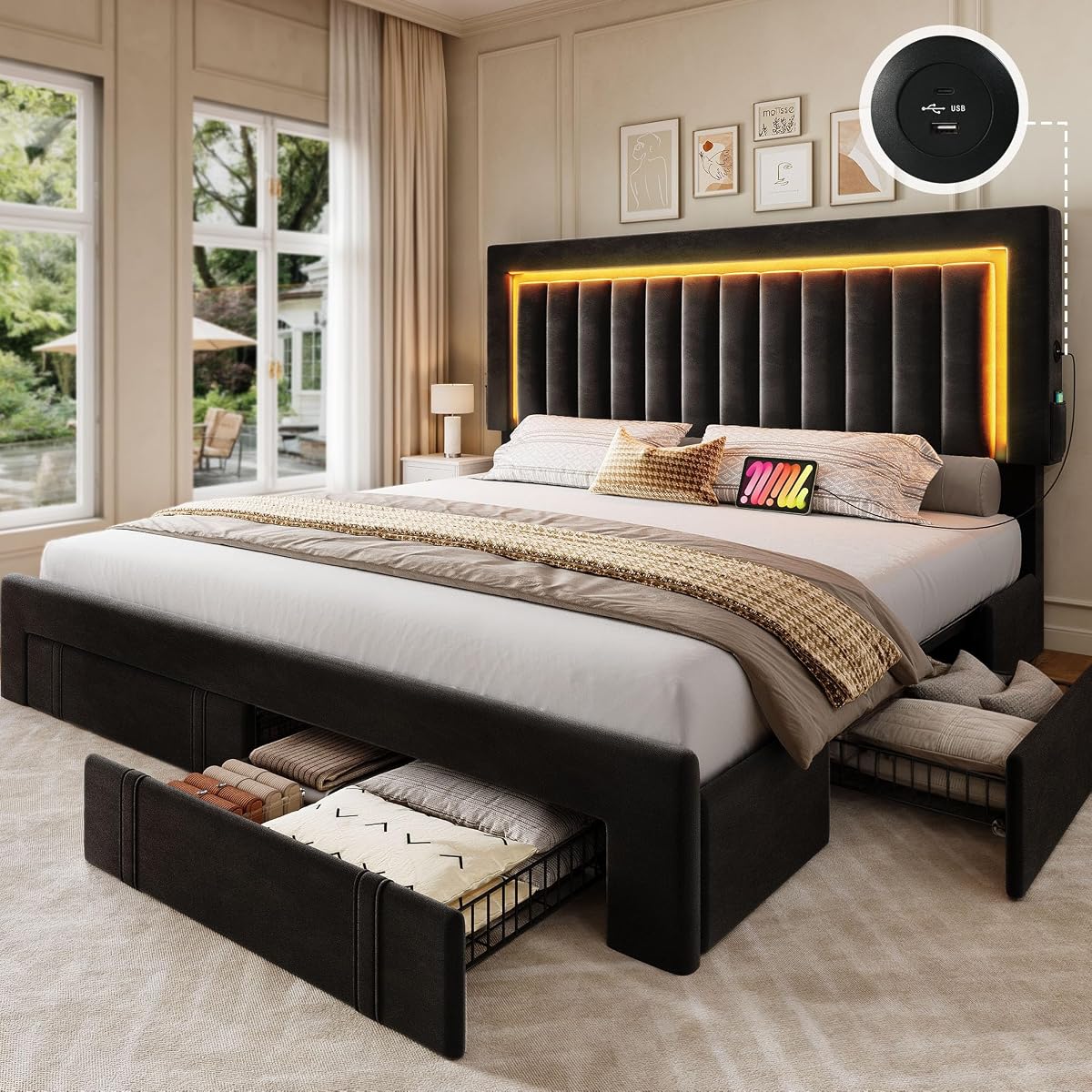 Queen Size Bed Frame with Adjustable Headboard, Black