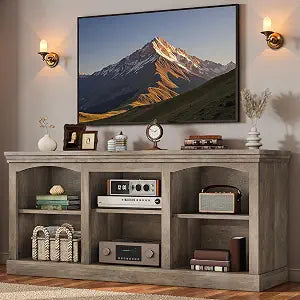 Farmhouse Arched TV Stand for Up to 80 Inch TVs, Weathered Grey, view 2