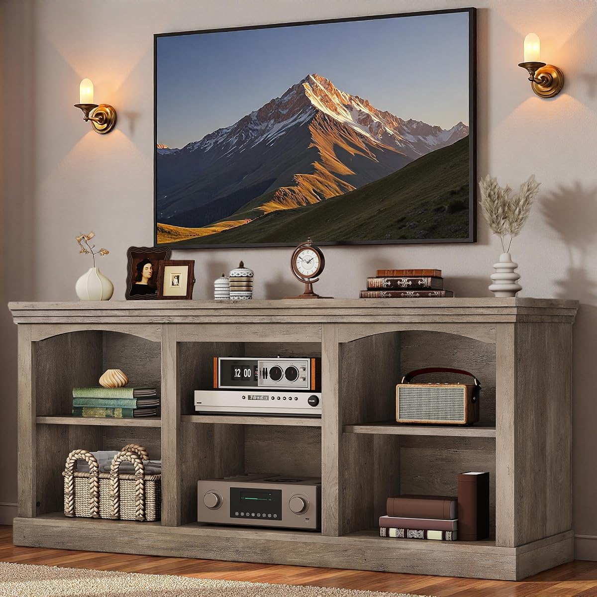 Farmhouse Arched TV Stand for Up to 80 Inch TVs, Weathered Grey