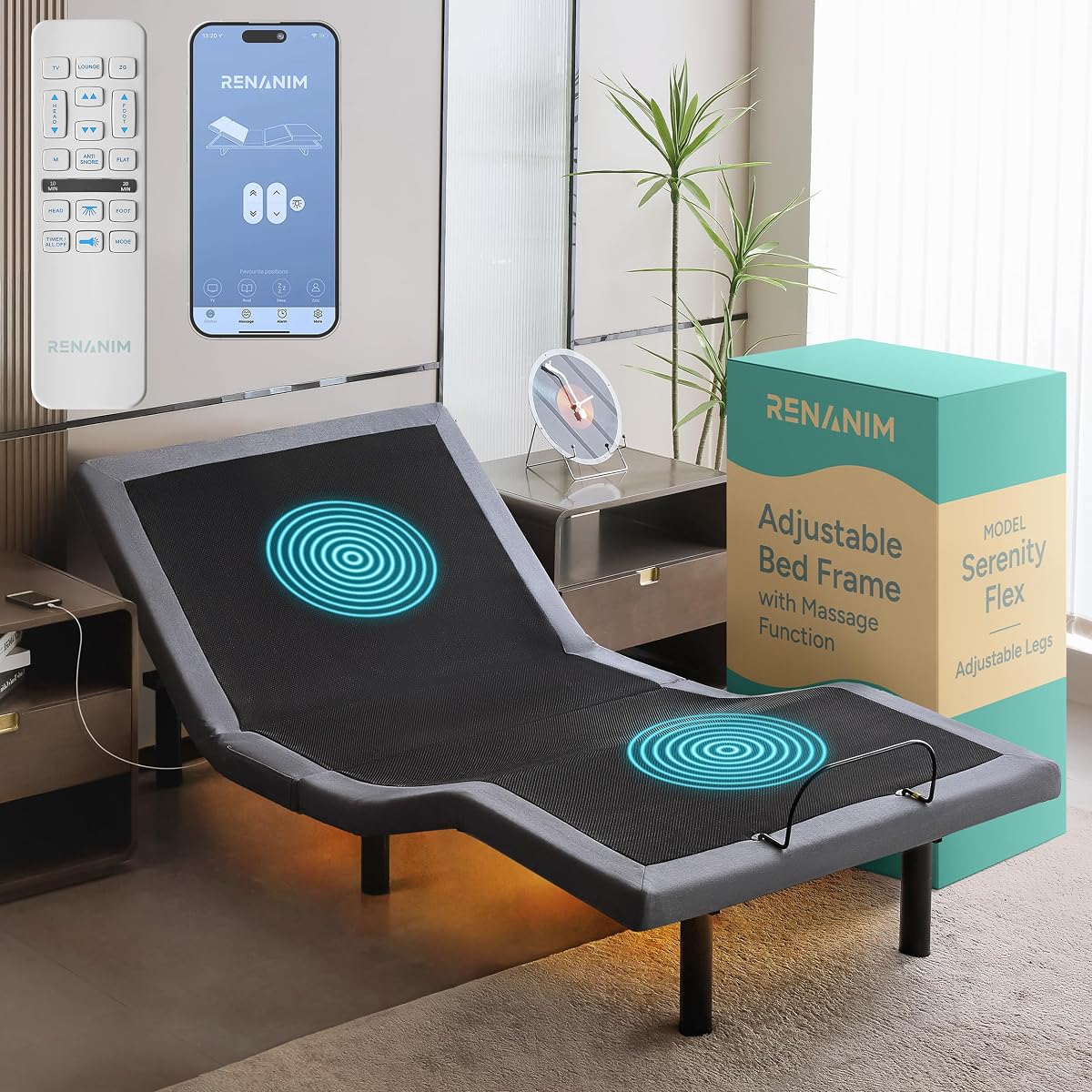 Smart Adjustable Bed Frame with Electric Dual Massage, USB, UnderBed Light