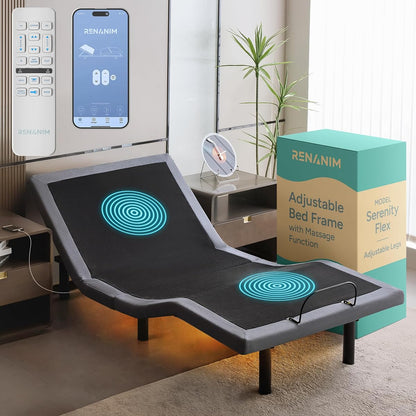 Smart Adjustable Bed Frame with Electric Dual Massage, USB, UnderBed Light