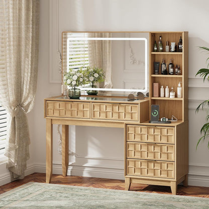 50" Large Glass Top Vanity Desk, Natural Wood
