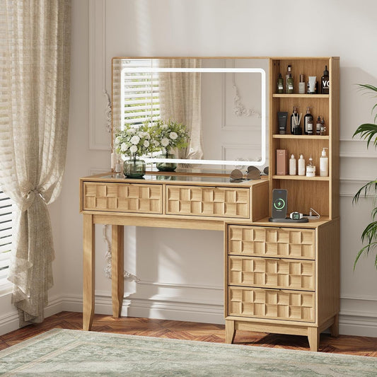 50" Large Glass Top Vanity Desk, Natural Wood