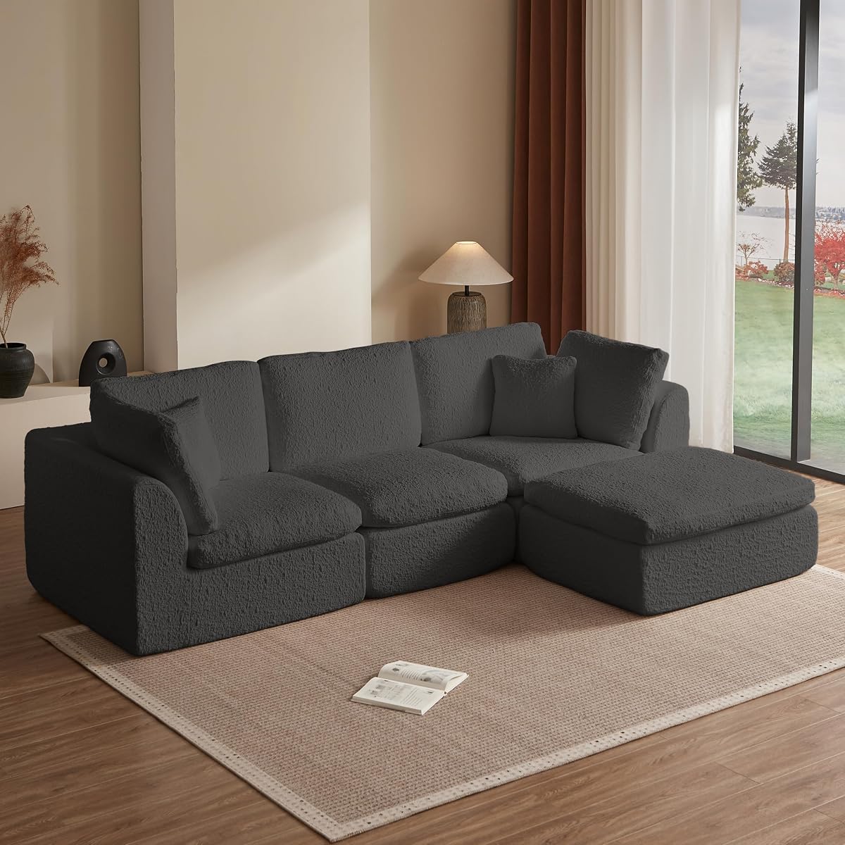 110" Cloud Sectional Couches for Living Room, Convertible L Shape Couch with Ottoman, 3 Seater Modular Sectional Sofa, Gray