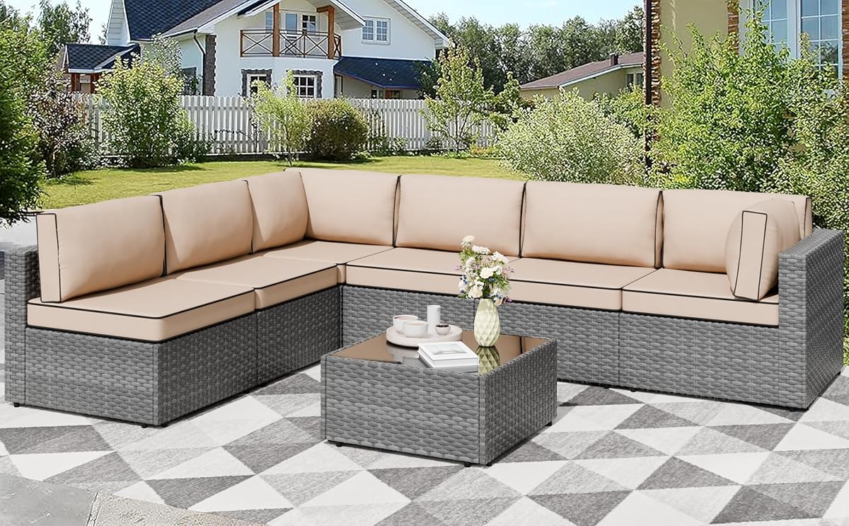 7 Pieces Outdoor Patio Furniture Sets, Patio Sectional Sofa Couch, Gray PE Wicker Furniture Modular Patio Conversation Sets Patio Sofa with Washable Cushions, Gray/Khaki