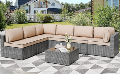 7 Pieces Outdoor Patio Furniture Sets, Patio Sectional Sofa Couch, Gray PE Wicker Furniture Modular Patio Conversation Sets Patio Sofa with Washable Cushions, Gray/Khaki