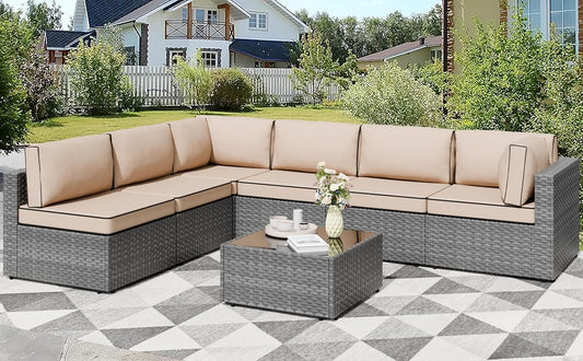 7 Pieces Outdoor Patio Furniture Sets, Patio Sectional Sofa Couch, Gray PE Wicker Furniture Modular Patio Conversation Sets Patio Sofa with Washable Cushions, Gray/Khaki