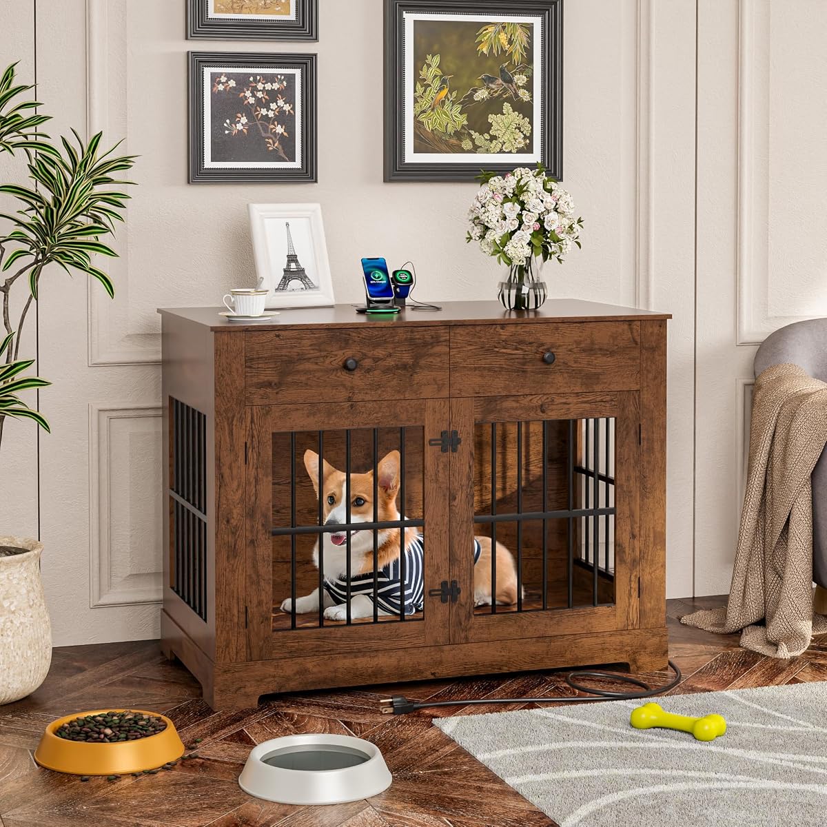44'' Dog Crate Furniture w/Drawer Large Wooden Dog Kennel Indoor Dog House