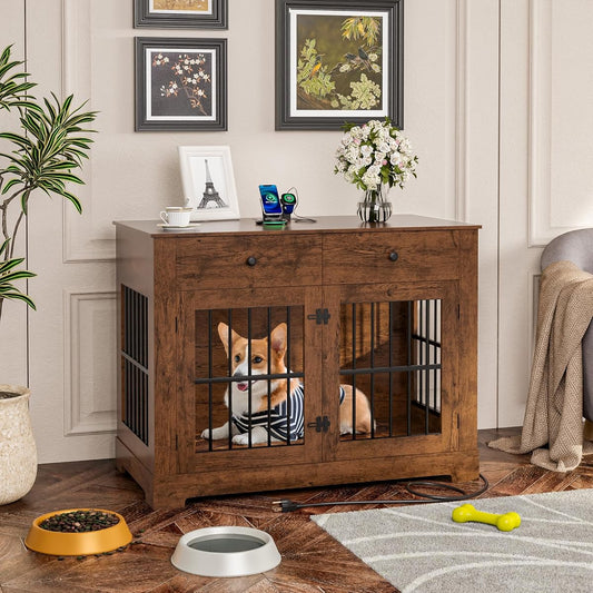 44'' Dog Crate Furniture w/Drawer Large Wooden Dog Kennel Indoor Dog House