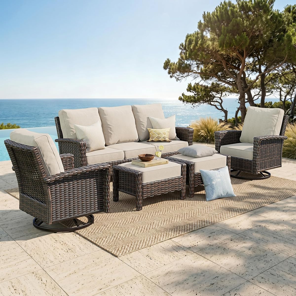 5 Pieces Patio Furniture Set with Swivel Chairs, High Back Wicker Rattan Sofa with Extra Thick Cushion and Ottoman, Outdoor Conversation Set for Garden Backyard Deck,Beige