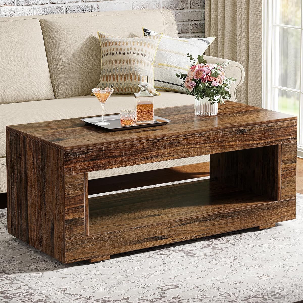 Tribesigns Wood Coffee Table for Living Room, 43.3" Modern Farmhouse Coffee Table with Storage, 2-Tier Rectangular Center Table Cocktail Living Room Table with Sturdy Base, Rustic Brown
