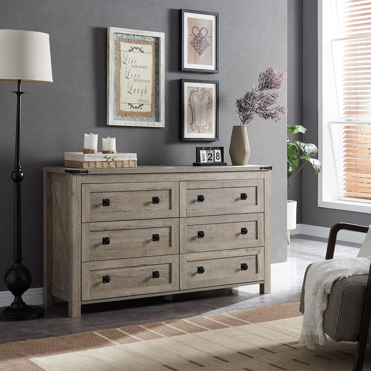 54" Wide Farmhouse 6-Drawer Dresser for Bedroom, Light Rustic Oak