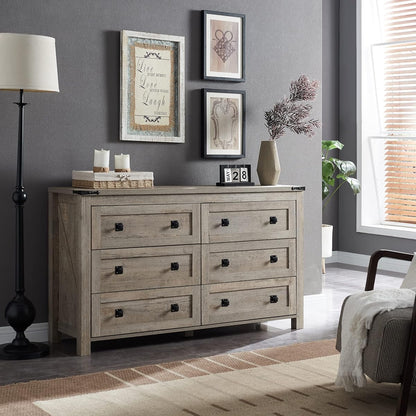54" Wide Farmhouse 6-Drawer Dresser for Bedroom, Light Rustic Oak