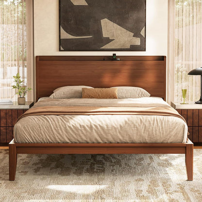 Bamboo Wood Queen Bed Frame with Charging Station & Headboard