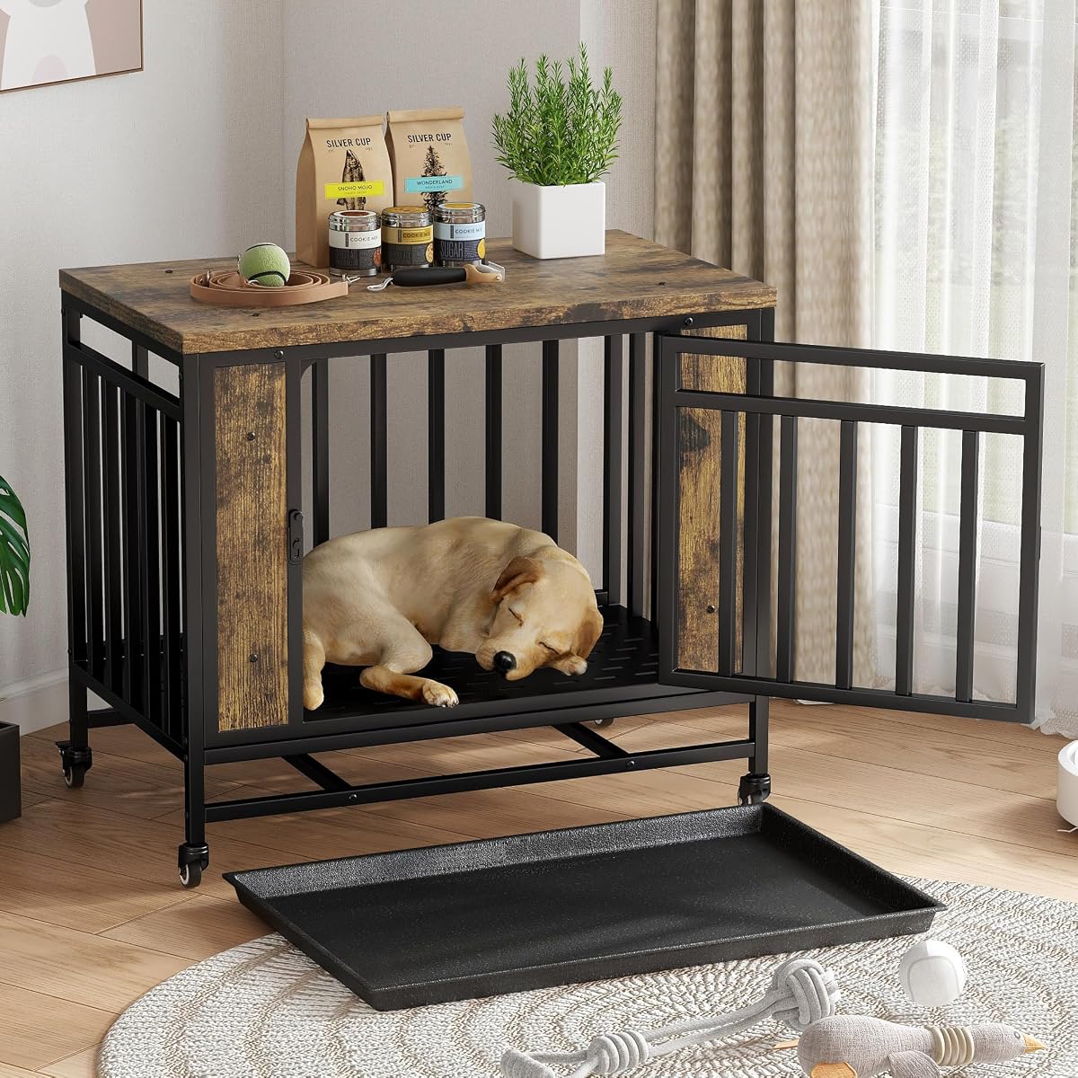 Farmhouse Dog Crate Furniture, 32.5 Inch Wooden Dog Kennel with Removable Tray