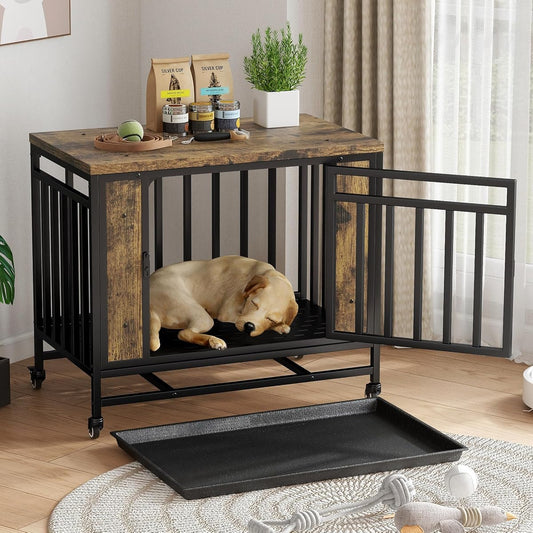 Farmhouse Dog Crate Furniture, 32.5 Inch Wooden Dog Kennel with Removable Tray
