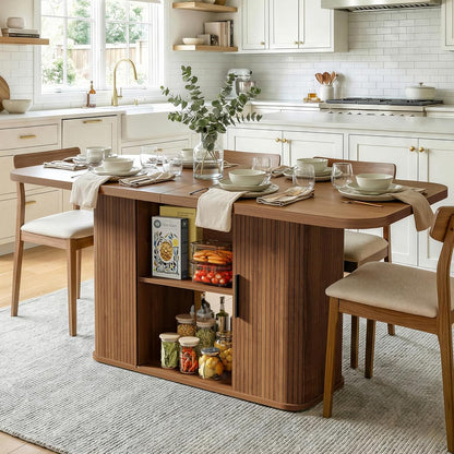 Mid-Centur Dinner Tables for 4/6/8, 70.9" Rectangle Dining Room Table with Large Tabletop and Sliding Tambour Doors, Fluted Dining Table 2-Layer Storage for Kitchen and Living Room, Walnut
