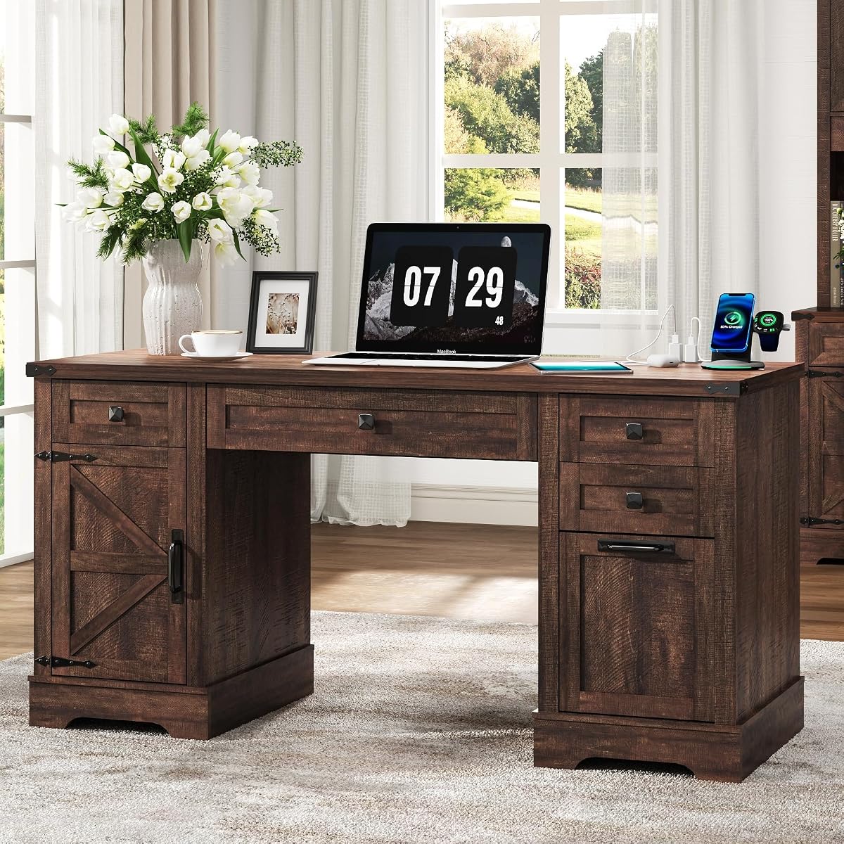 58'' Farmhouse Home Office Desk with Drawers