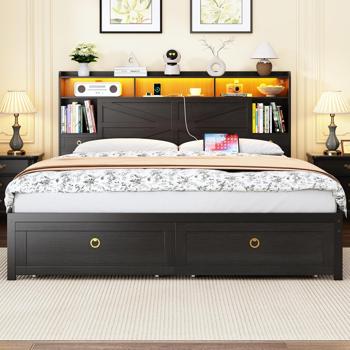 King Bed Frame with Storage Headboard