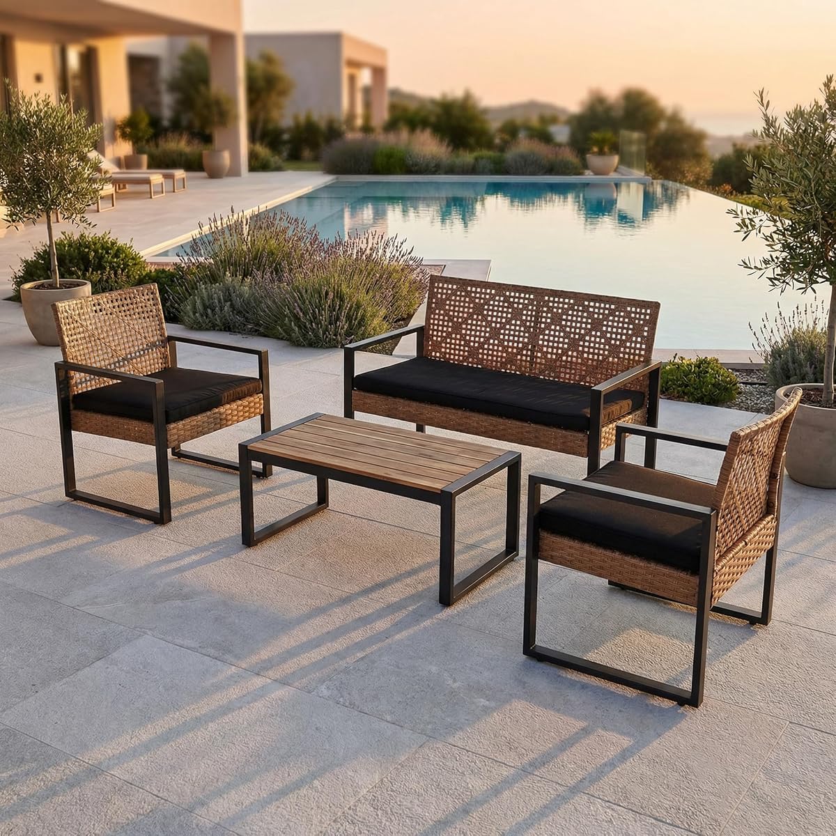 Outdoor Patio Furniture Set, 4 Piece Rattan Chairs with Coffe Table for Backyard, Balcony, Deck, Front Porch, Patio Conversation Seating Sets for Outside, Juego Muebles de Exterior(Light Brown)