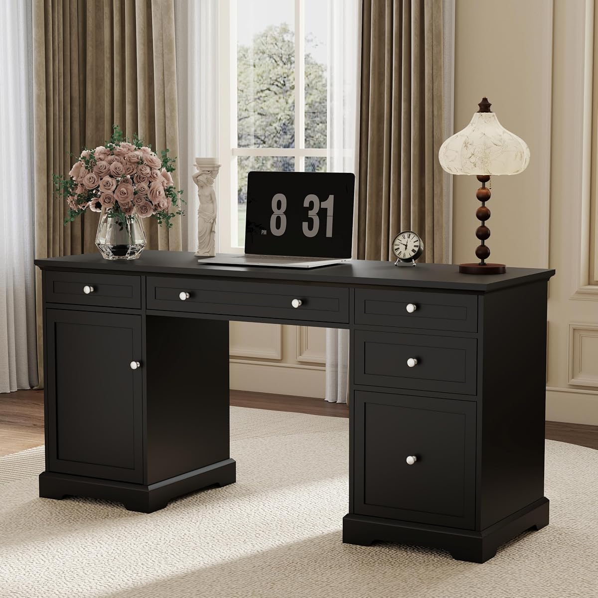 Black Executive Desk with Drawers: 60" Farmhouse Home Office Desks