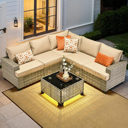 Outdoor Sectional Patio Furniture Set,6 Pieces Wicker Conversation Sets L Shaped Couch,Extra Deep Out Door Sofa Outside Furniture,Beige