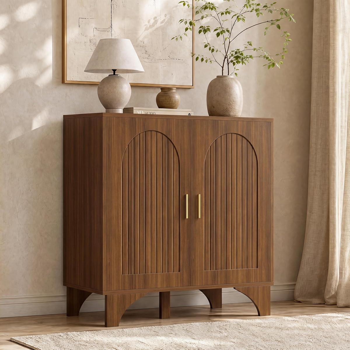 Mid Century Modern Buffet Cabinet Arched Doors Walnut Storage Sideboard