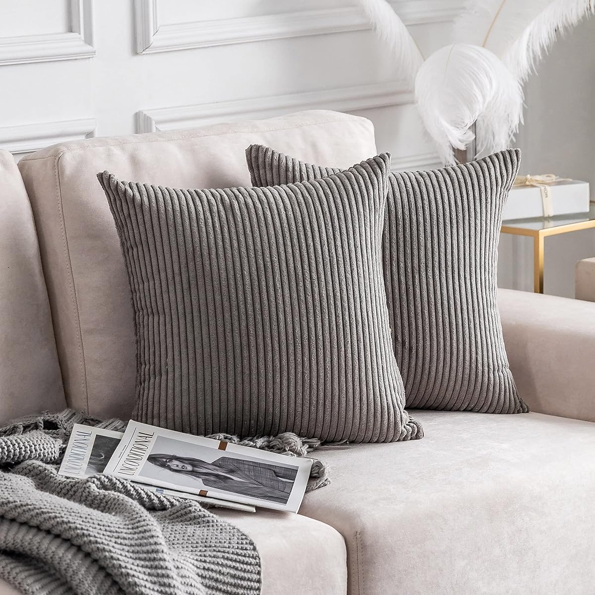Decorative Throw Pillow Covers 18x18 Inch for Living Room Couch Bed Sofa, Soft Striped Corduroy Square Pillow Covers, Set of 2, 18 x 18, Ash Grey