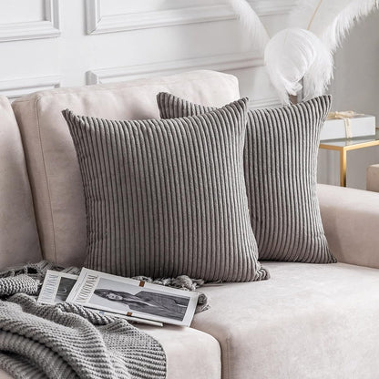 Decorative Throw Pillow Covers 18x18 Inch for Living Room Couch Bed Sofa, Soft Striped Corduroy Square Pillow Covers, Set of 2, 18 x 18, Ash Grey