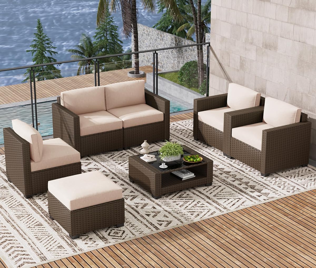 7 Piece Outdoor Patio Furniture Set, Rattan Chairs Glass Table Wicker Conversation Seating Sectional Sofa with Cushions (Brown-Beige, 7Pcs-2 Layer Coffee Table)