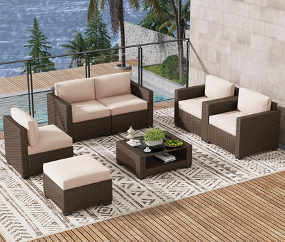 7 Piece Outdoor Patio Furniture Set, Rattan Chairs Glass Table Wicker Conversation Seating Sectional Sofa with Cushions (Brown-Beige, 7Pcs-2 Layer Coffee Table)
