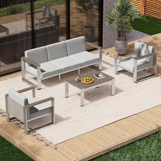 Outdoor Patio Furniture Set, 5 Seats Aluminum Patio Conversation Sets with Ergonomic Seat and Wide Washable Thick Cushions, Modern Outdoor Sectional Furniture for Balcony, Porch