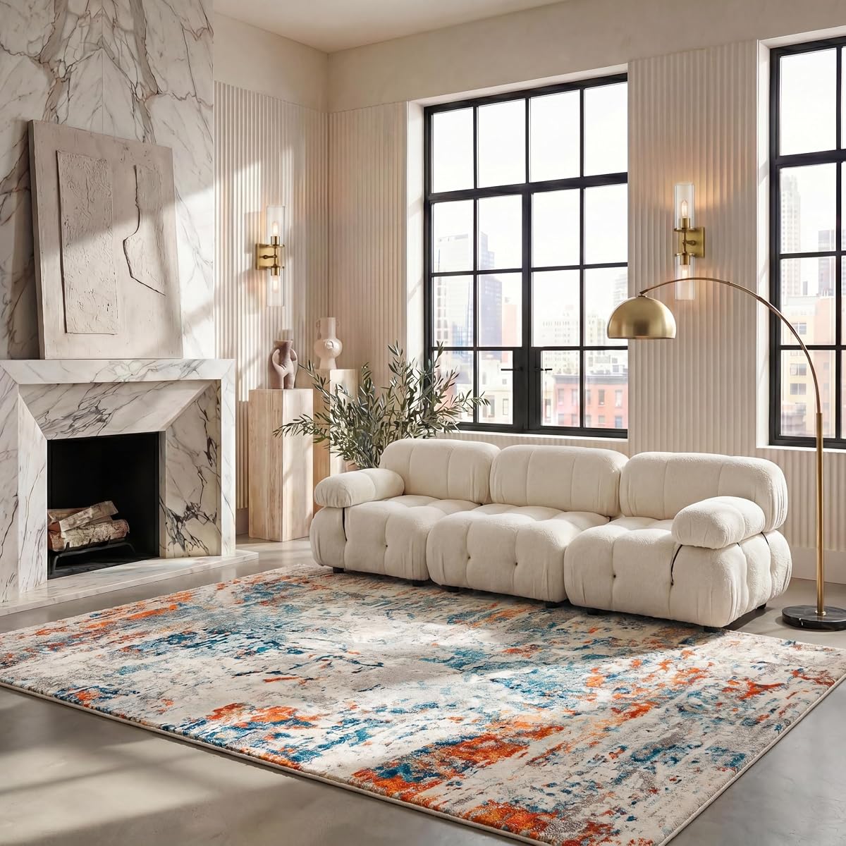 SAFAVIEH Area Rug 8x10 - Madison Collection - Large - Cream & Orange, Modern Abstract Design, Non-Shedding & Easy Cleaning, Ideal for Living Room, Bedroom, Office, Dining Space (MAD478B)