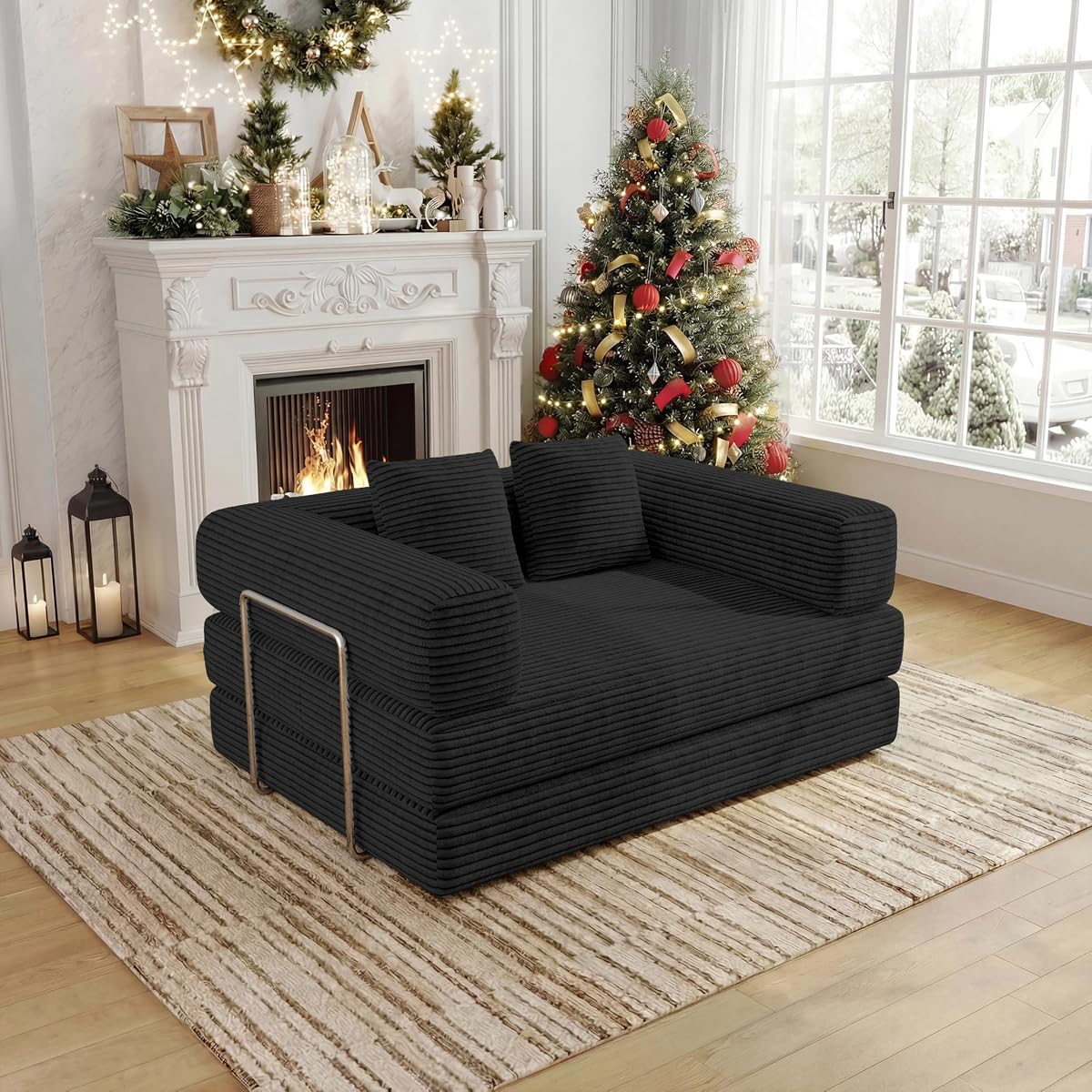 Convertible Sofas Boneless Couches with 2 Pillow, Modern Corduroy Futon Bed, Modular Queen Sofa with Pull-Out Bed, LoveSeat for Living Room, Small Space Apartment BlackDouble Sofa