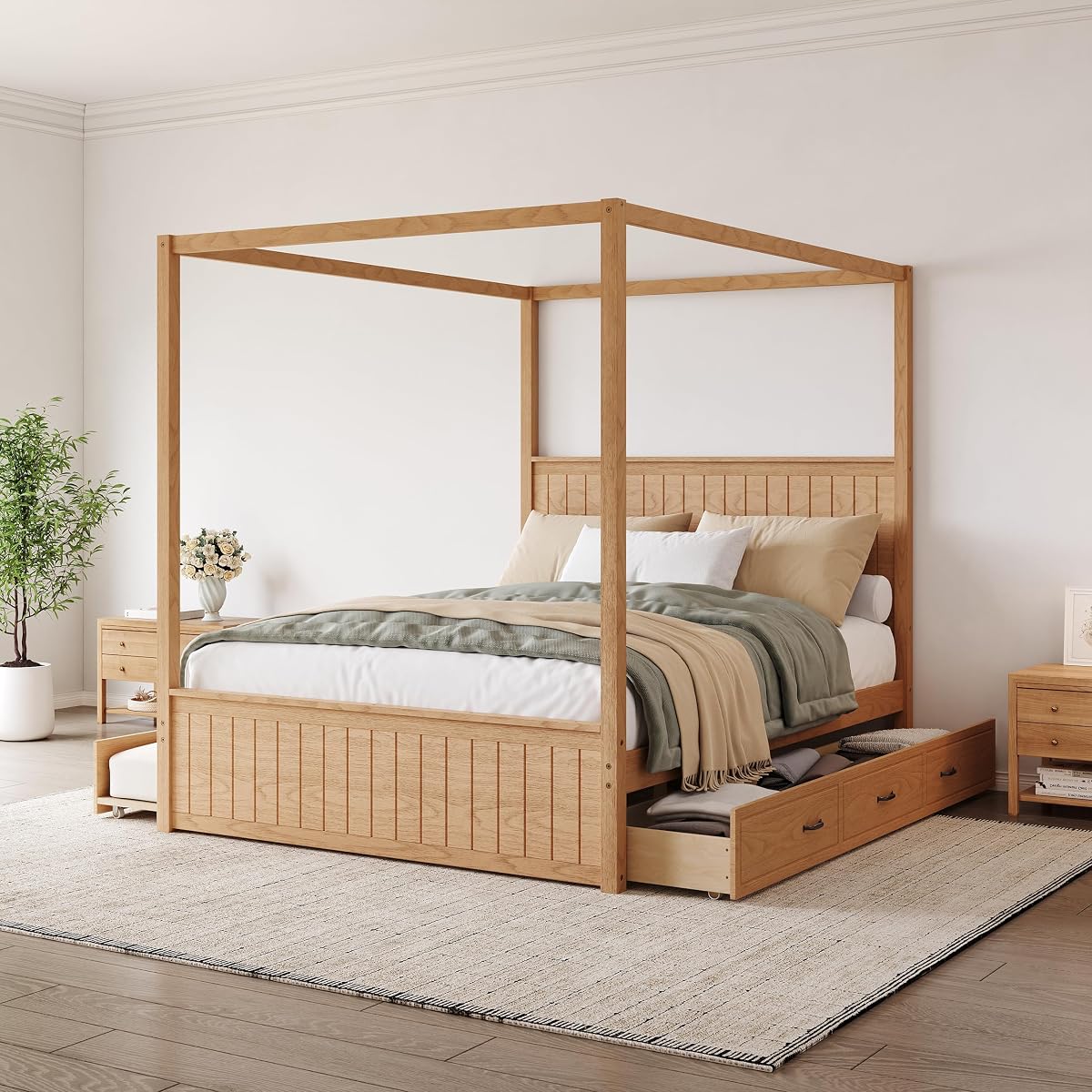 Queen Size Wood Canopy Bed Frame with Trundle & Drawer for Bedroom, Natural