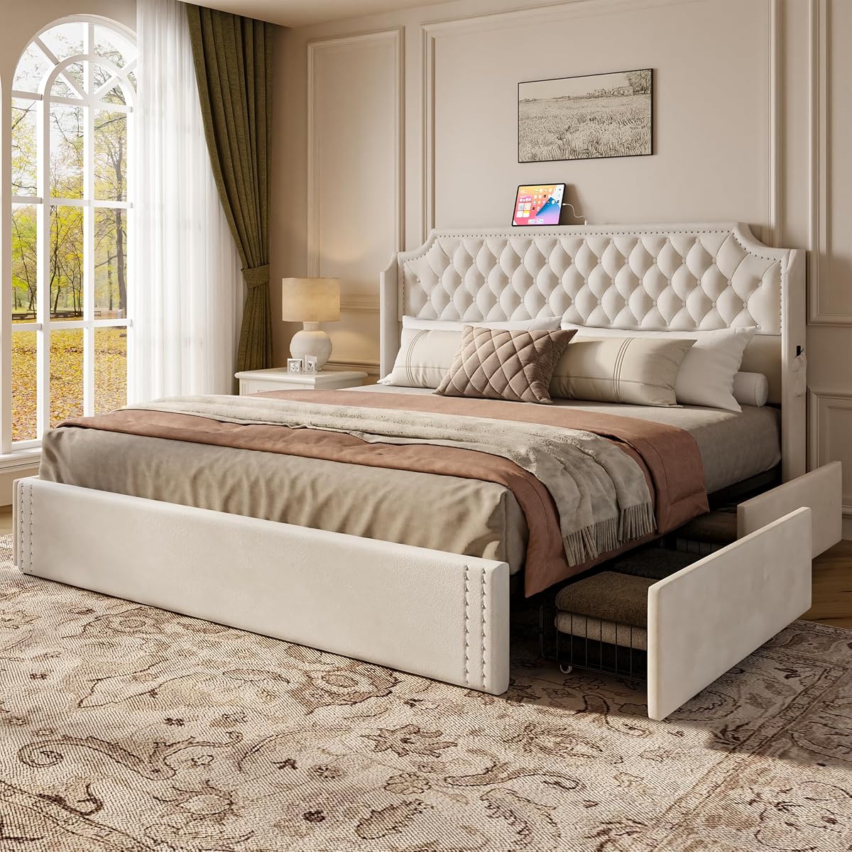 Upholstered Queen Bed Frame with Headboard, Beige Bedframe with Storage