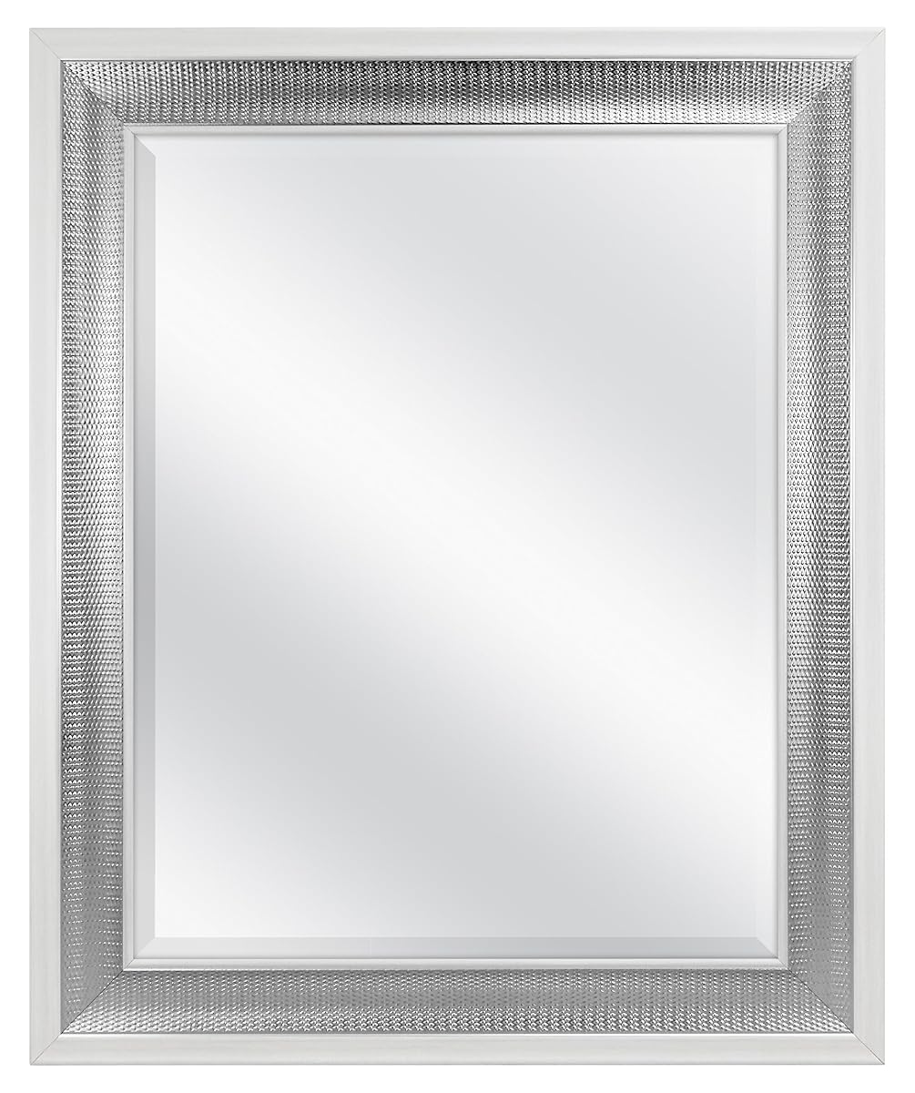 28.5x34.5 Large Wall Mirror, White Frame with Woven Silver Detail & Beveled Detail Mirror, Vertical & Horizontal Wall Hanging Mirror for Bathroom, Bedroom & Livingroom