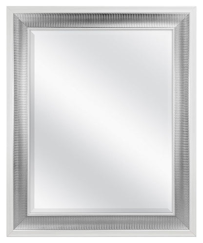 28.5x34.5 Large Wall Mirror, White Frame with Woven Silver Detail & Beveled Detail Mirror, Vertical & Horizontal Wall Hanging Mirror for Bathroom, Bedroom & Livingroom