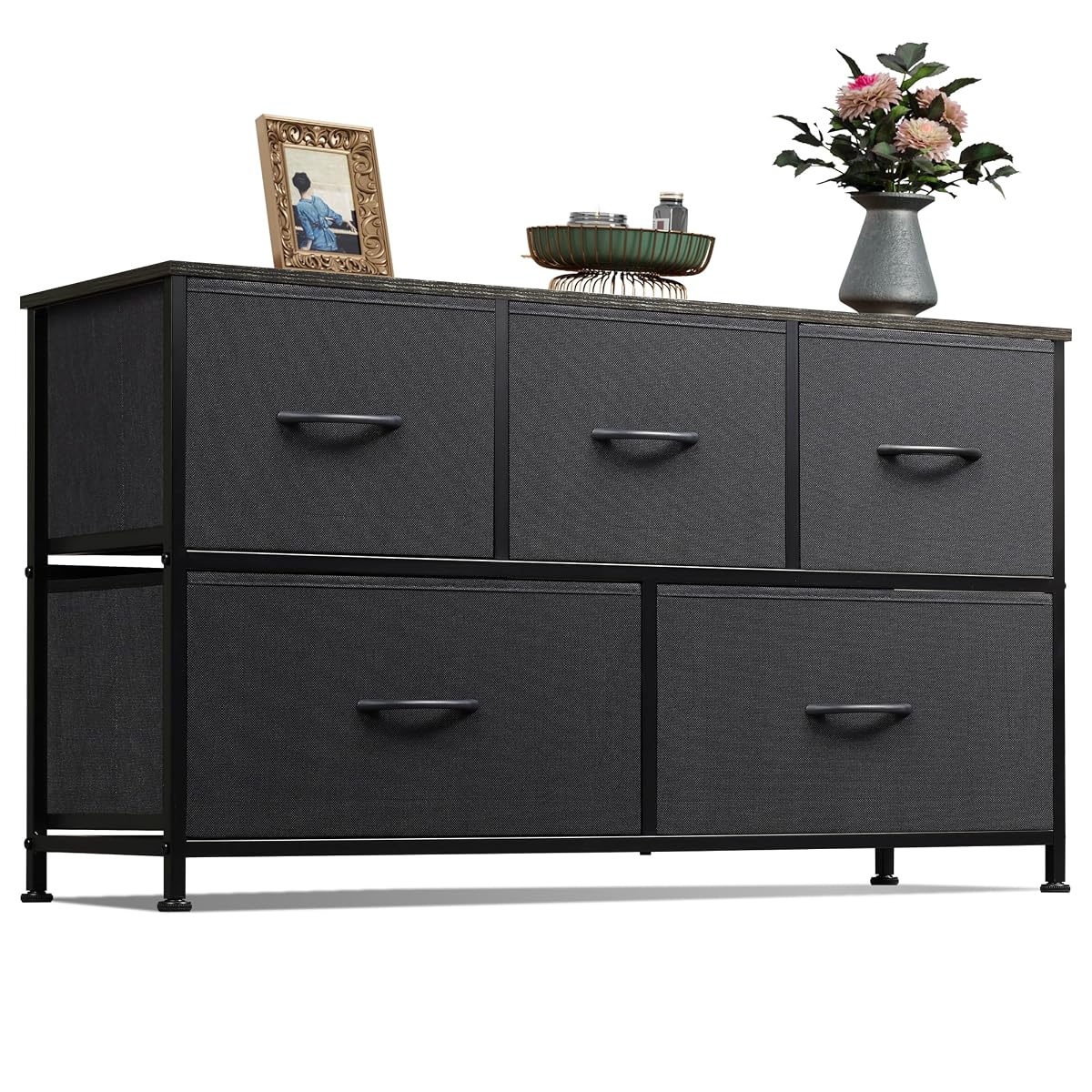Wide Dresser for Bedroom, 5 Drawer Chest of Drawers, Charcoal Black