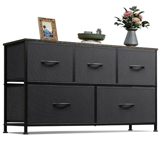 Wide Dresser for Bedroom, 5 Drawer Chest of Drawers, Charcoal Black