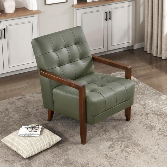 Modern Accent Chair, Luxury Genuine Leather Match Living Room Chair with Tufted Cushions, Solid Wood Frame and Arm Rest, Comfy Upholstered Single Seat for Bedroom/Reading/Office, Green