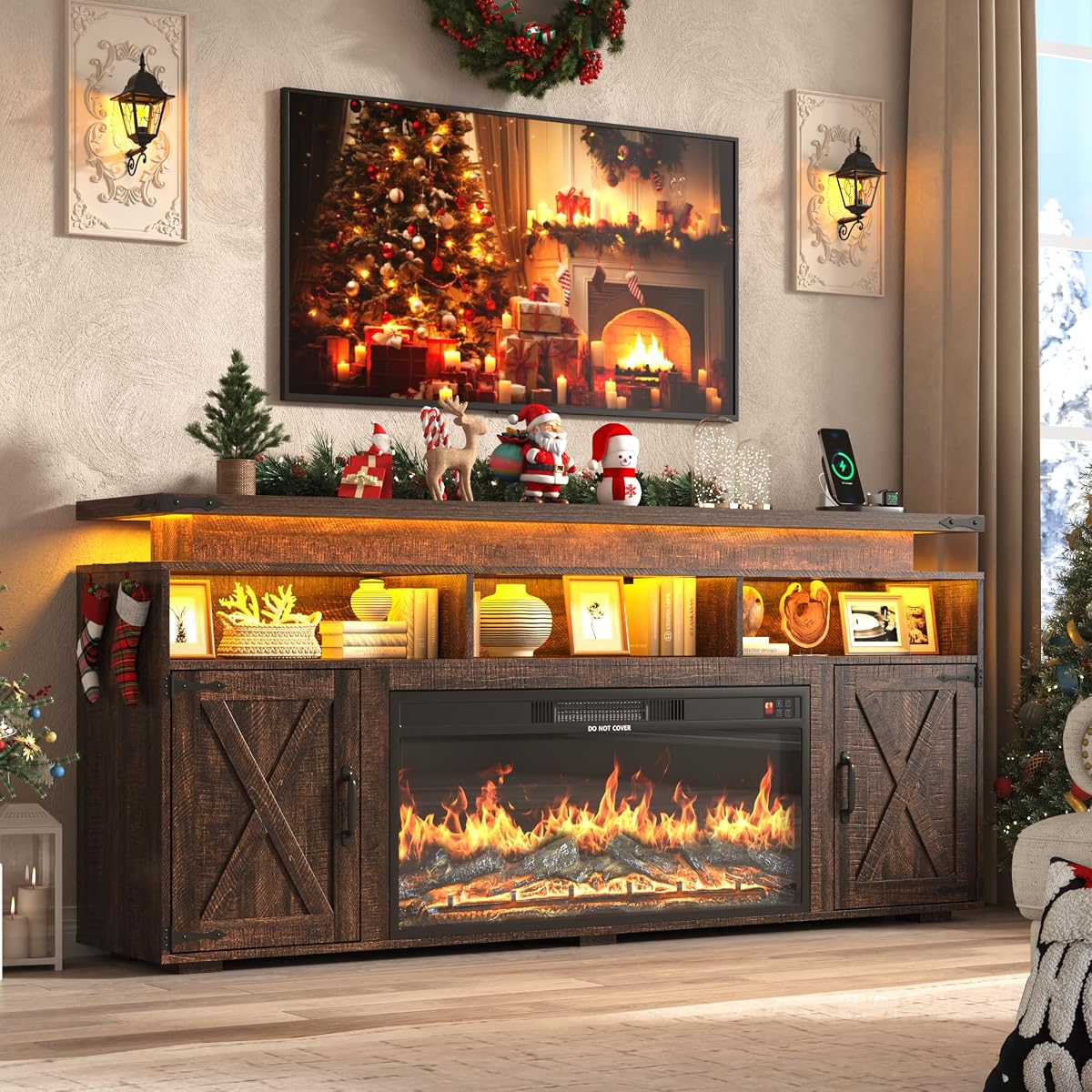 Farmhouse Fireplace TV Stand w/Power Outlet for 75/80 Inch TV