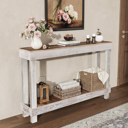 46-Inch Long Console Table, Farmhouse Console Sofa Table, Solid Wood Entryway Table for Hallway, Living Room, Entrance, 2 Tiers, Easy Assembly, Classic White