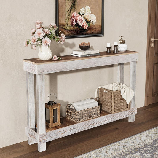 46-Inch Long Console Table, Farmhouse Console Sofa Table, Solid Wood Entryway Table for Hallway, Living Room, Entrance, 2 Tiers, Easy Assembly, Classic White