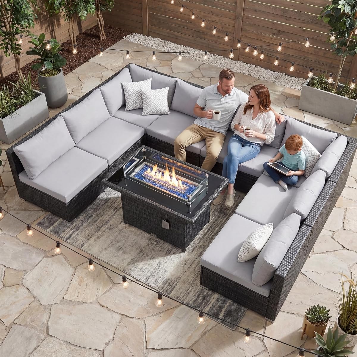 29.3'' High Back Outdoor Patio Furniture Set with Firepit Natural Gas & Propane, 9 Piece Extra Large Conversation Set with Fire Pit Table, Modern Deep Wide Modular Wicker Sofa Couches, Gray