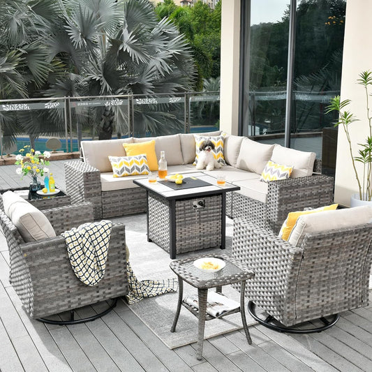 10 Piece Modular Patio Outdoor Sectional Furniture Set with Gas Propane Fire Pit Table,Wicker Conversation Sofa Set with Swivel Chairs,Outside Couch Set(Beige)