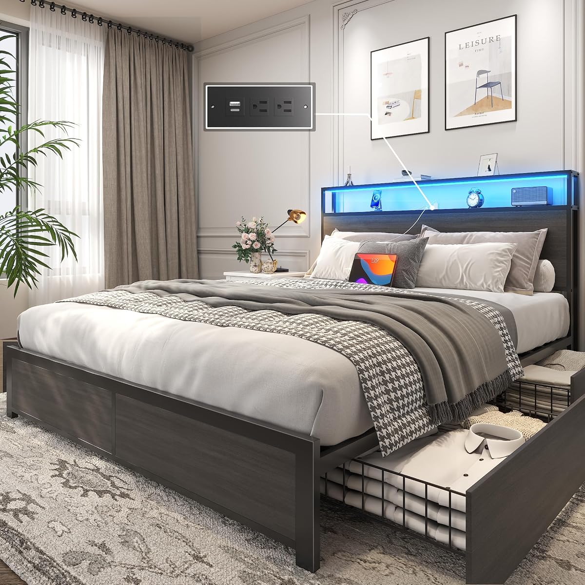 Metal Platform Bed with Storage and Charging Station, Rustic Grey