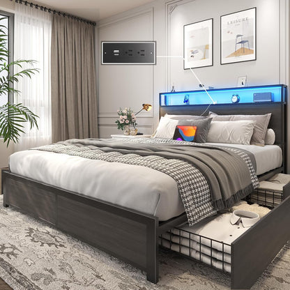 Metal Platform Bed with Storage and Charging Station, Rustic Grey