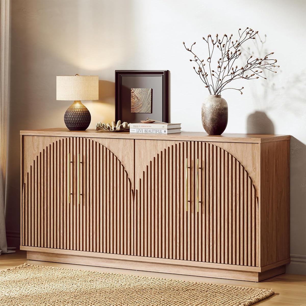 65" Arched Sideboard Buffet Cabinet with Storage, Fluted Credenza