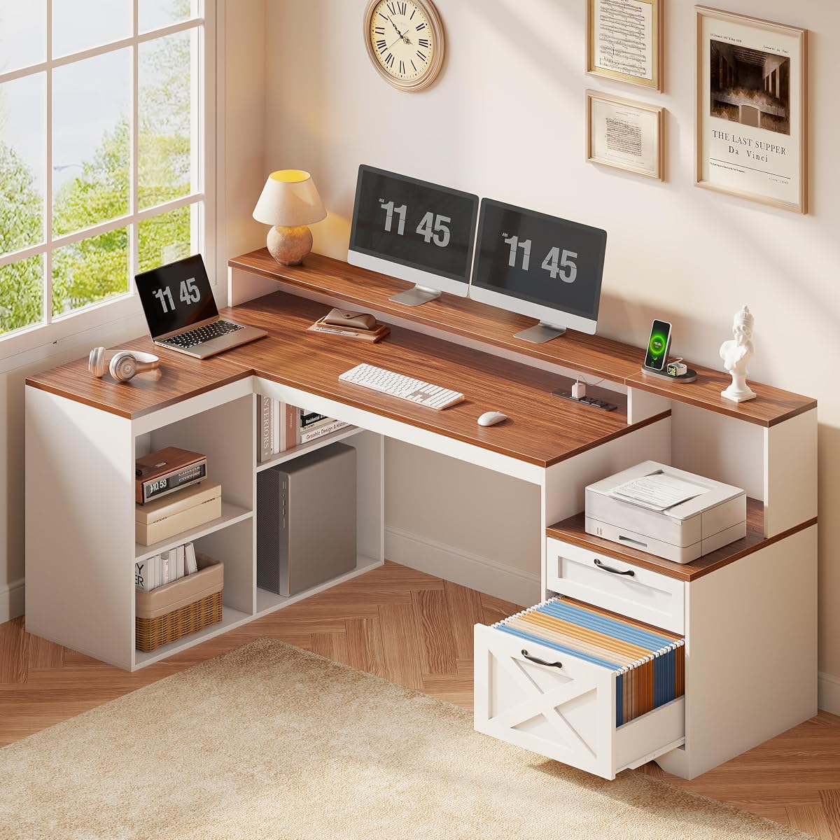 59" Farmhouse L Shaped Desk with Drawers and Printer Stand